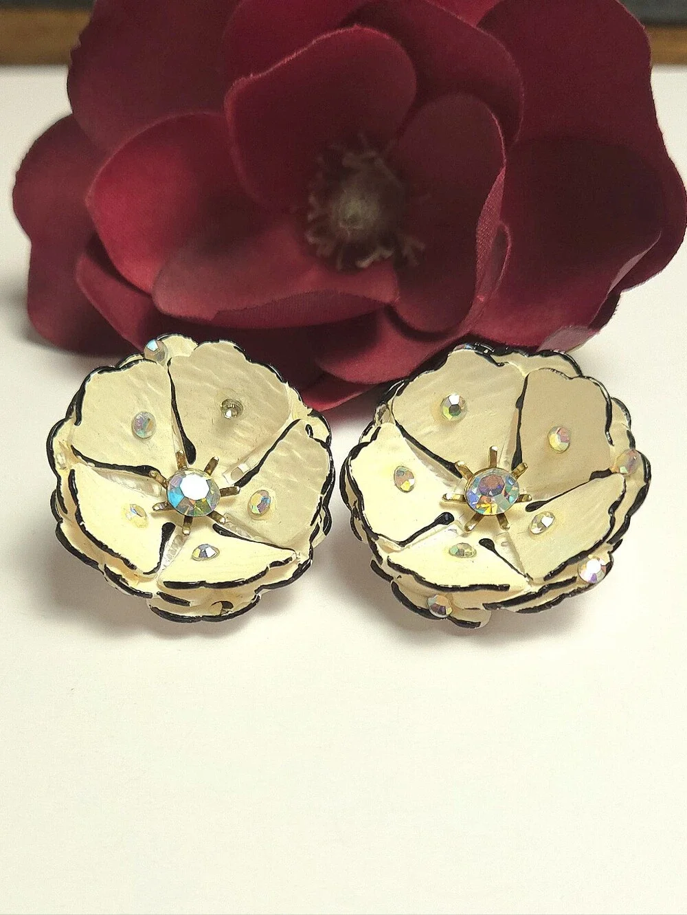 Vintage Handmade Acrylic Flower Petal Aurora Borealis Crystal Earrings Clip On
